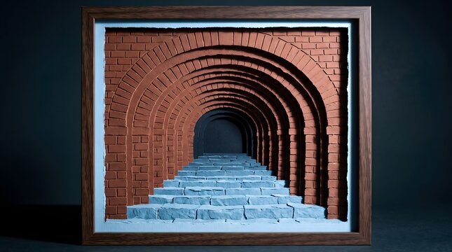 Concentric brick arches and stone steps recede into deep darkness within a framed shadow box, symbolizing a profound journey into the subconscious mind and endless perspective.