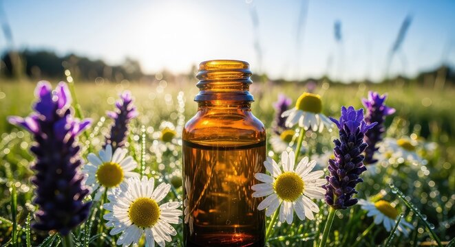 Selective focus on a small amber glass bottle with essential oil amidst wild medicinal flowers like chamomile and lavender in a sunlit meadow, lavender, therapy, wild flowers