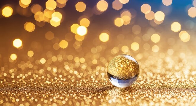 Shimmering gold glitter particles blend with soft hexagonal and circular bokeh lights to create a radiant and luxurious decorative backdrop, decoration, wealth, light