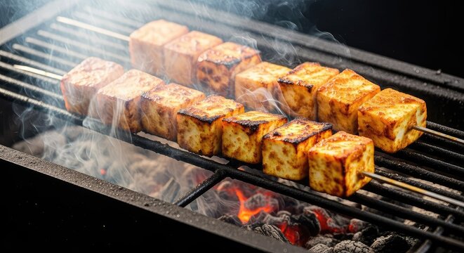 Sizzling cubes of marinated paneer cheese cooking over an open fire grill with visible smoke and glowing coals for an appetizing barbecue, heat, appetizer, kitchen