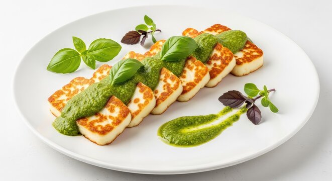 Slices of golden-brown grilled halloumi cheese drizzled with vibrant green basil pesto sauce, served on a white plate with fresh herbs, snack, healthy, macro