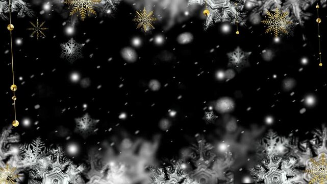 Elegant winter background featuring falling snowflakes and decorative golden hanging ornaments against dark backdrop with white snowflakes glittering