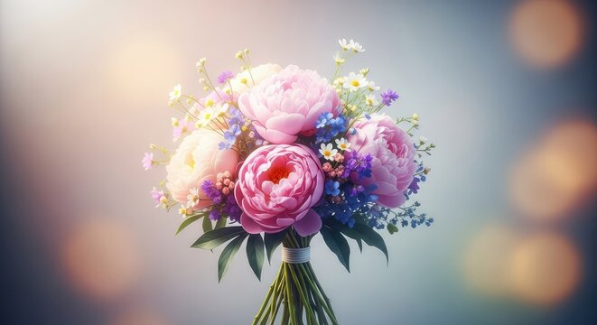 Soft pastel peonies and wild blossoms bloom in gentle hazy light, creating a surreal and ethereal garden scene with a bokeh background, watercolor, dreamy, fantasy