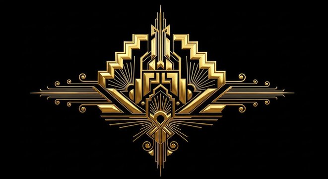 This sophisticated golden art deco motif displays symmetrical geometric forms and ornate flourishes against a seamless deep black backdrop, seamless, opulent, wallpaper