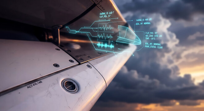 Airliner Wing Trailing Edge Fowler Flap Aerodynamic Actuator Fairing at Sunset Dusk