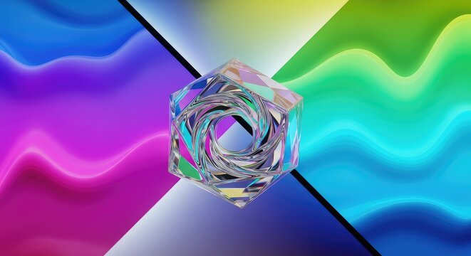 This vibrant display of geometric shapes and fluid waves creates a lively abstract background filled with a spectrum of radiant neon colors, blend, vivid, spectrum