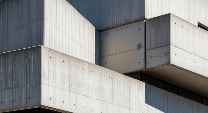 This striking architectural composition showcases raw concrete textures and bold geometric forms characteristic of mid-century urban design, raw, concrete, angular