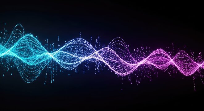 Vibrant flowing digital wave of blue and purple light particles shimmering in a dark void, creating a dynamic sense of futuristic energy, glow, artistic, neon