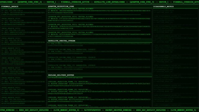 Firewall Breach Quantum Decryption Hacker Terminal Screen Animation With Satellite Payload.