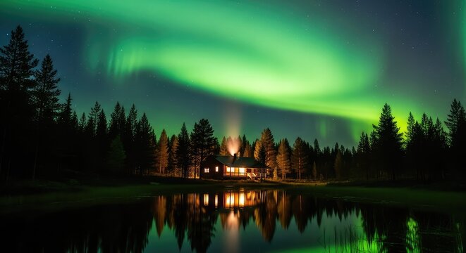 Vibrant green aurora borealis waves dance over a secluded wooden cabin in a dense forest during a clear starry night in the wilderness, illumination, wilderness, forest