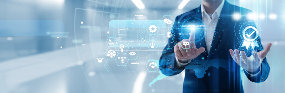 Data scientist hand touching Recommendation name on holographic interface to personalize user experiences, analyze buyer behavior and suggest relevant products for online retail success.