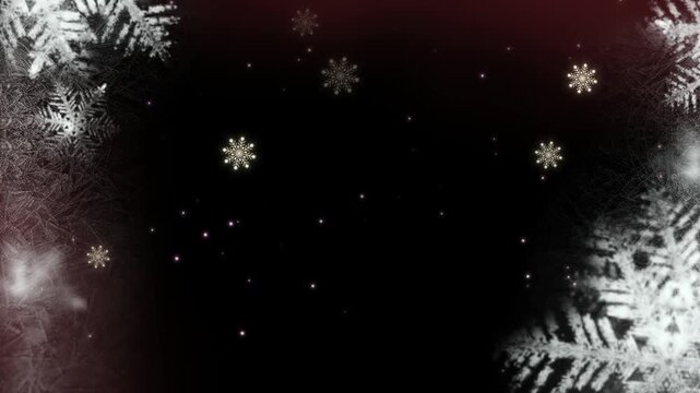 Minimalist glowing outline village silhouette under falling golden snowflakes against dark winter holiday background with video displays minimalist