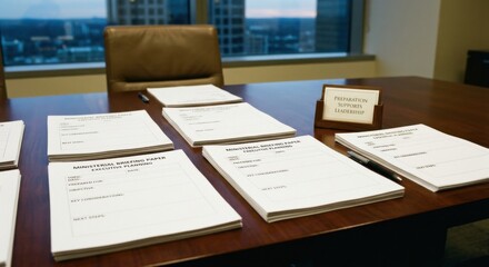 Obraz premium Ministerial Briefing Papers Laid Out on Office Table Ready for Meeting