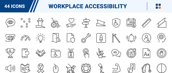 Fototapeta premium Workplace accessibility line icon set. Vector pictograms of disability, inclusion, handicap, and wheelchair elements, thin linear illustration.
