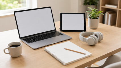Fototapeta premium Minimalist home office desk setup with laptop and gadgets