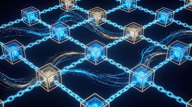 Blockchain network concept with connected nodes glowing chain links and hexagonal cubes on dark background