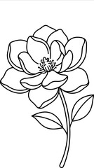 Naklejka premium Black and white outline vector drawing of a beautiful blossom flower with leaves