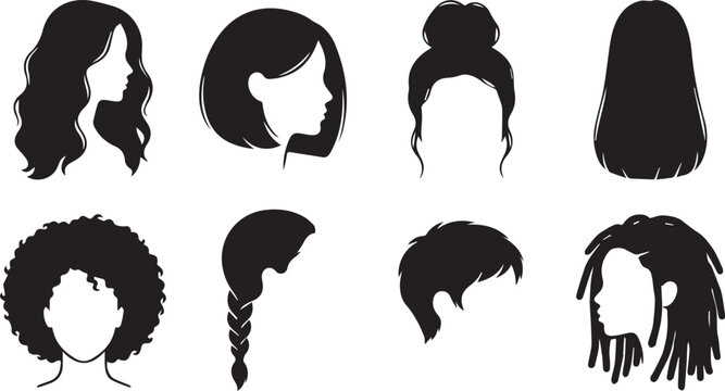 Women hairstyles and hair fashion icons set collection in black silhouette style featuring long wavy hair profile, bob cut, top knot bun, long straight hair, curly afro hair, braided ponytail, short p