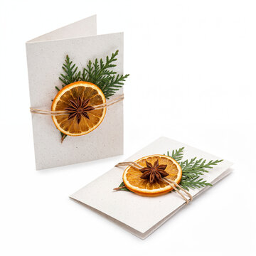 Generic botanical Christmas greeting cards with dried orange slices isolated on white.
