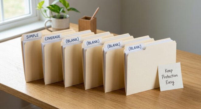 Organized file folders lined up neatly on a wooden desk with office supplies