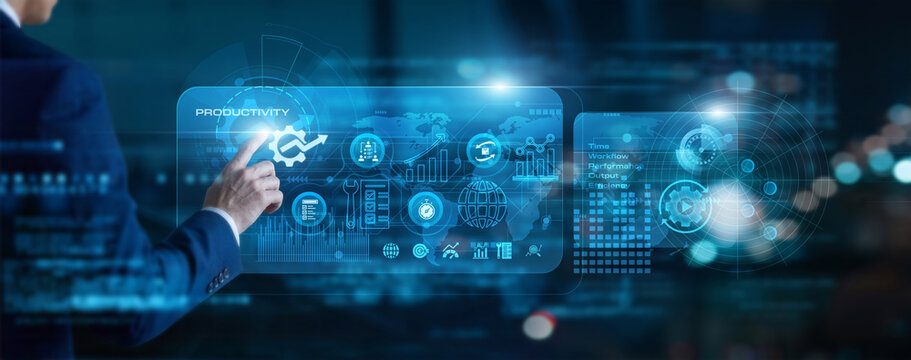 Business professional touch virtual screen Productivity. Leveraging advanced software tools and time management strategies to optimize workflow efficiency and maximize team performance daily.