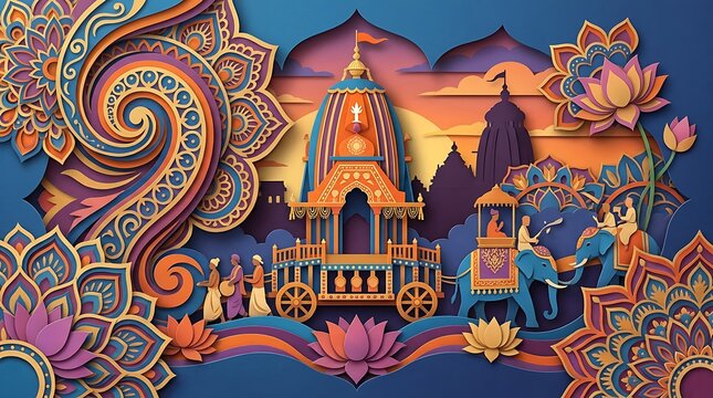 Intricate paper craft illustration of a traditional Indian chariot procession with ornate floral patterns and temple architecture.