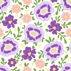 Fototapeta premium Cute, delicate floral vector seamless pattern. Purple and pink flowers, green leaves on a white background. Suitable for fabric prints and textile products.