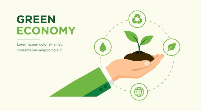 Green economy concept showing a hand holding a growing plant with recycling, leaf, water and globe icons, representing sustainable development, environmental protection, natural resource conservation