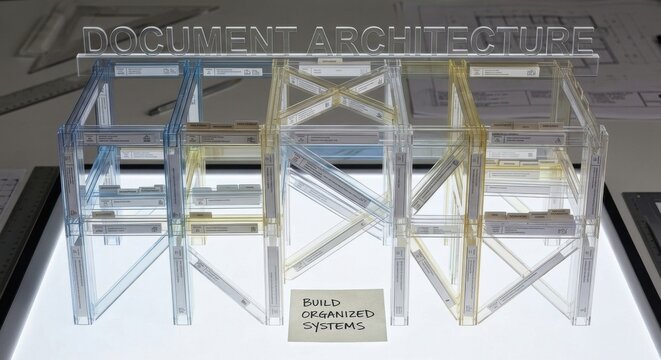 Transparent architectural structure model with planning documents and 'Build Organized Systems' note