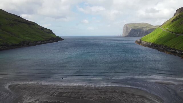 Tj&oslash;rnuv&iacute;k Black Sand Beach with Risin og Kellingin Sea Stacks, Faroe Islands