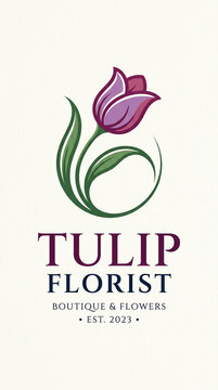 Elegant floral logo design featuring a purple tulip with green leaves and typography