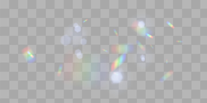 Set of colorful vector lenses and light flares with transparent effects. Iridescent crystal leak glare reflection effect. Optical rainbow lights, glare, leak, streak overlay. falling confetti.