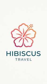 Minimalist vector logo featuring a vibrant tropical hibiscus flower and travel text