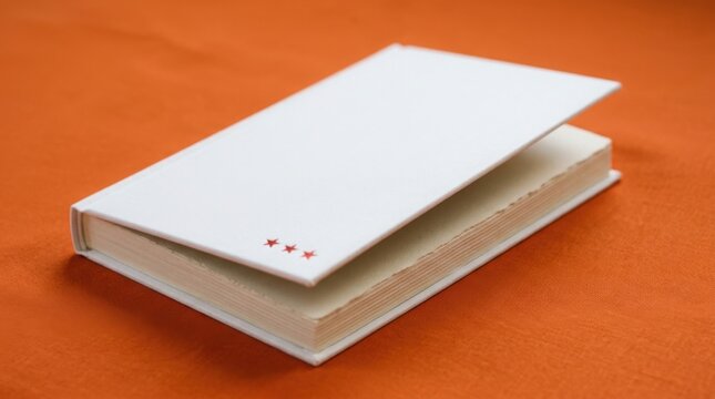 Blank white hardcover book mockup on a vibrant orange background for creative design projects.