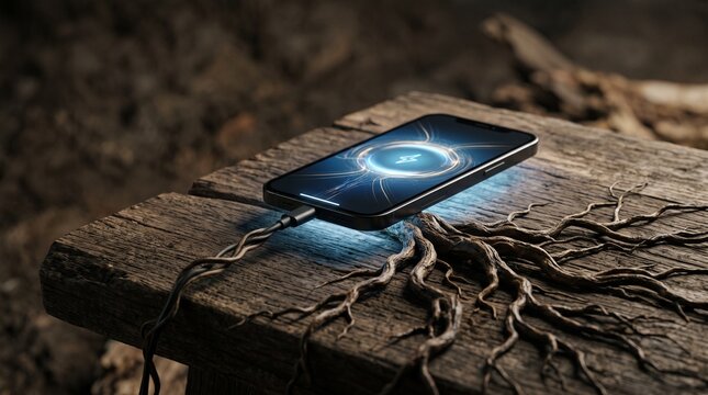 Futuristic smartphone connected to exposed tree roots, conceptual image combining digital technology and nature, symbolizing connectivity, artificial intelligence, innovation, sustainability and organ