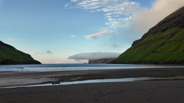 Tj&oslash;rnuv&iacute;k Black Sand Beach with Risin og Kellingin Sea Stacks, Faroe Islands