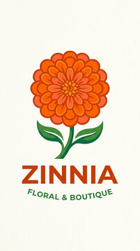 Orange zinnia flower vector logo design with green leaves and typography