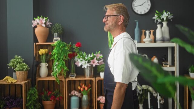 Man florist blond wearing apron with arms crossed holding a red rose amid vases, tulips, potted plants and clock on shelf in studio; confidence.