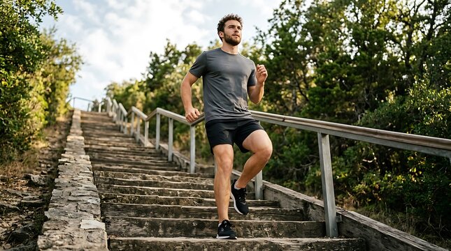 Head up and aim high. Low angle shot of a sporty young man running up a staircase while exercising outdoors.