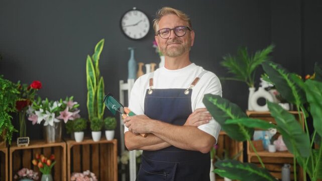 Man florist with arms crossed holding a small garden trowel among potted flowers and plants in studio; floral pride.