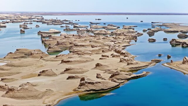 Aerial drone view of water yardang landforms in the Qaidam Basin, Qinghai, China