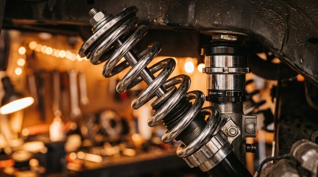 Close up view of car suspension system coilover shock absorber spring in auto repair workshop, mechanic maintenance service, automotive industry parts replacement, vehicle tuning