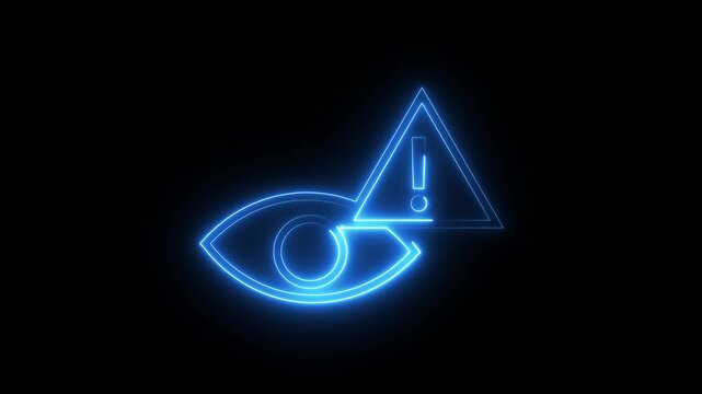 Neon eye with warning triangle sign flickering on black background motion graphic design.