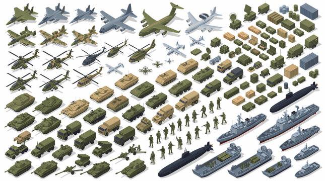 Isometric Military Vehicles Aircraft Ships Soldiers Collection.