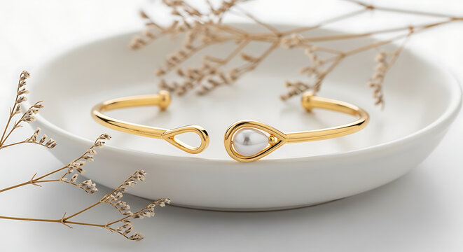 Gold jewelry set with heart pendant on white plate