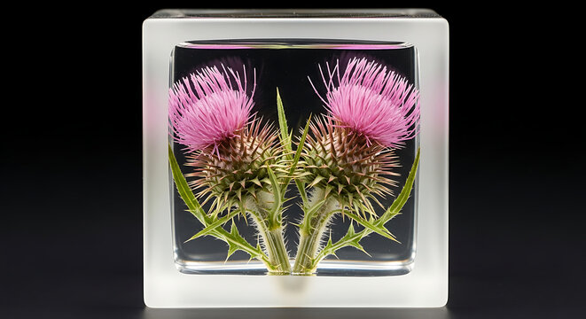 Purple flowers in a white frame on a dark surface