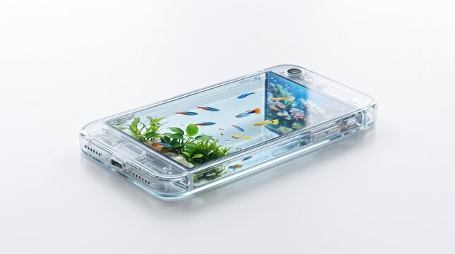 Colorful freshwater fish swimming among lush aquatic plants in a clear glass aquarium, minimalist aquascaping concept highlighting biodiversity, natural habitat, ecology and conservation