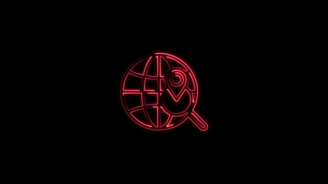 Global business search magnifying glass with briefcase icon neon glow animation on black