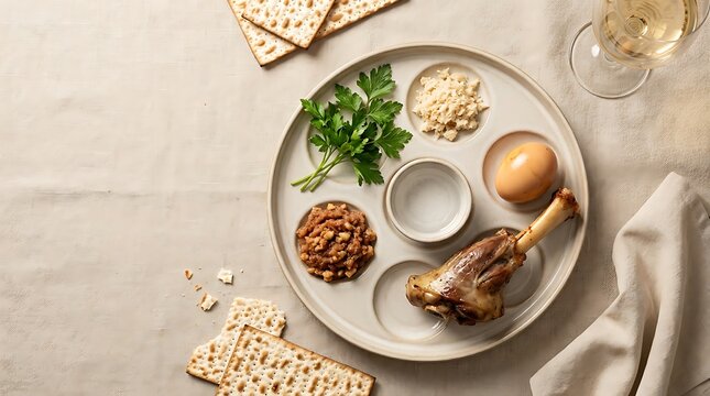 Passover seder plate with traditional festive food and matzah crackers on a gray table. Seder plate recipes