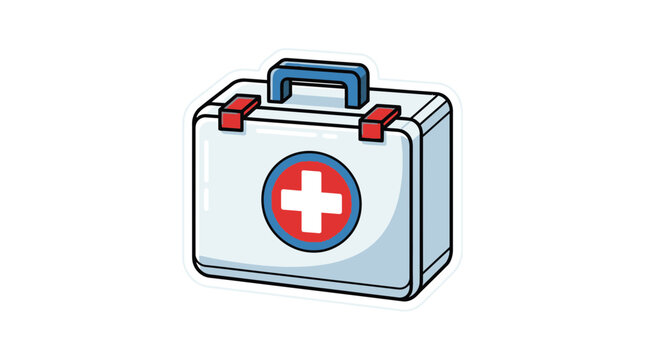First aid kit sticker icon with red cross.